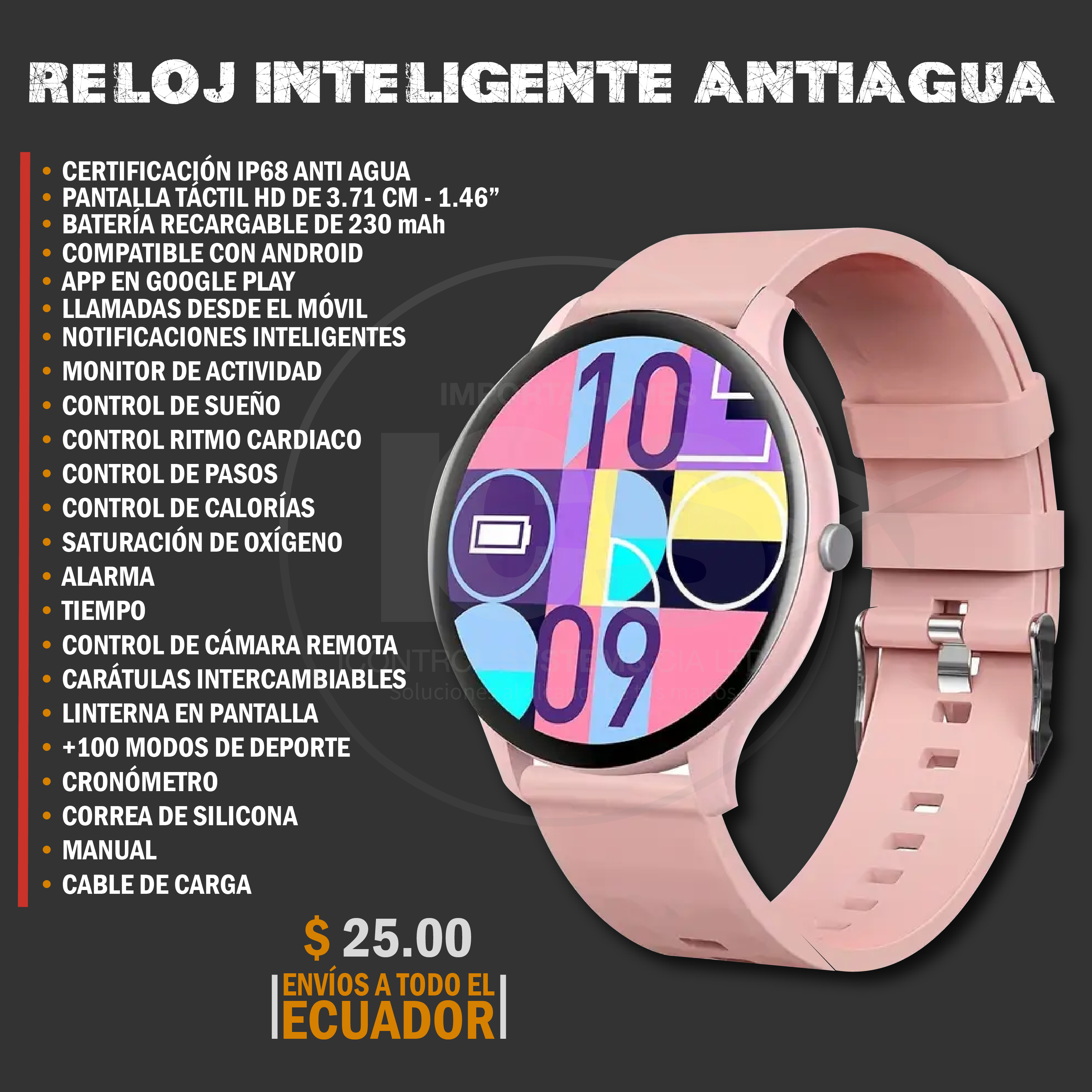 SMART WATCH - RELOJ INTELIGENTE RELOJ DEPORTIVO COLOR ROSA– PANTALLA TACTIL HD DE 371 CM RESISTENCIA AL AGUA IP68